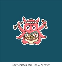 Vibrant vector logo of a red octopus mascot holding a bowl of ramen. Perfect for food brands, Japanese restaurants, or noodle shop identities with a fun and eye-catching design