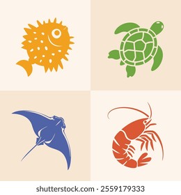 A vibrant vector marine icon set featuring a pufferfish, turtle, manta ray, and shrimp in bold contrasting colors