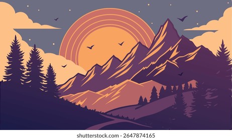 Vibrant vector mountain landscape with setting sun, pine trees, and flying birds. Perfect for nature, travel, and outdoor adventure themes.