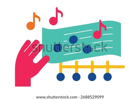 Vibrant vector of a musical score with Braille cell notes, gently read by a hand. Sheet music, Braille, and hand are on separate layers, emphasizing music, art, and tactile sensory experience.