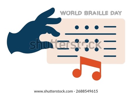 Vibrant vector of a musical score with Braille cell notes, gently read by a hand. Sheet music, Braille, and hand are on separate layers, emphasizing music, art, and tactile sensory experience.