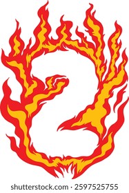 Vibrant vector of number 2 in blazing flames. Perfect for fire-themed designs, sports visuals, hot event titles, and bold promotional artwork. Flaming Number 2 Vector Illustration with Fire Effect.
