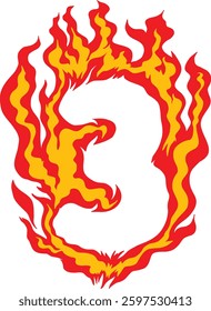 Vibrant vector of number 3 in blazing flames. Perfect for fire-themed designs, sports visuals, hot event titles, and bold promotional artwork. Flaming Number 3 Vector Illustration with Fire Effect.