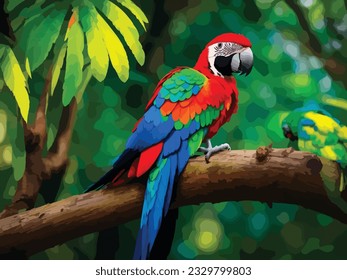 A vibrant vector parrot perched on a branch of a tree in a forest