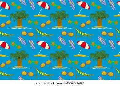 Vibrant vector pattern featuring palm trees, sunglasses, flip-flops, umbrellas, and beach elements. Ideal for summer-themed designs.