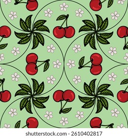 A vibrant vector pattern featuring red cherries, green leaves, and small pink flowers on a light green background. The design is playful and suitable for various textile applications.