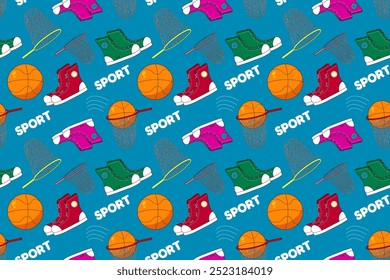 Vibrant vector pattern featuring sports gear, including basketballs, sneakers, and nets, perfect for back-to-school themes and sportswear designs.