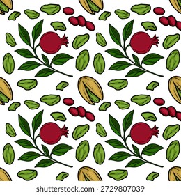 Vibrant vector pattern of fresh pistachios and ripe pomegranates on white background