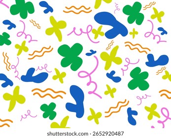 Padrão de vetor vibrante com formas abstratas divertidas em verde, azul, amarelo, rosa e laranja em um fundo branco nítido. Evoca alegria retrô e capricho criativo.
