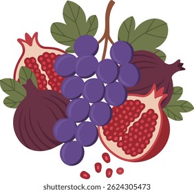Vibrant vector of Pomegranates, Grapes, and Figs with Leaves