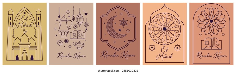 Vibrant vector poster with Ramadan Kareem text, featuring crescent moons, stars, and Islamic motifs. Ideal for holiday decorations or event invitations.