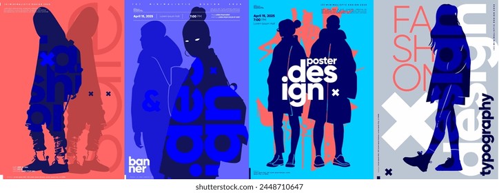 Vibrant vector posters featuring silhouettes with typographic elements in bold colors, symbolizing fashion and design.