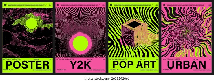 Vibrant vector posters in Neo-Psychedelic and Y2K-inspired style, featuring optical illusions, wavy lines, and bold neon pinks and greens—a popular 2025 trend in modern digital art.