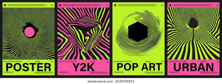 Vibrant vector posters in Neo-Psychedelic and Y2K-inspired style, featuring optical illusions, wavy lines, and bold neon pinks and greens—a popular 2025 trend in modern digital art.