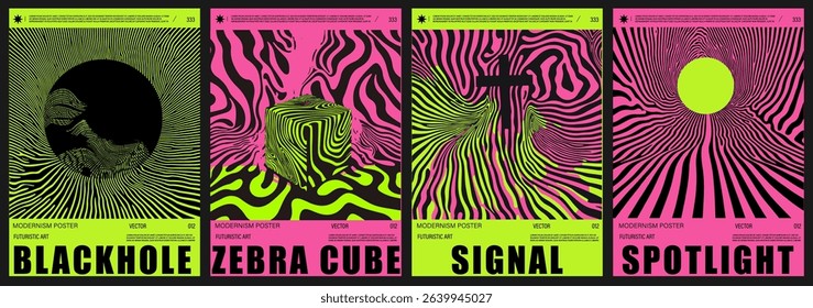 Vibrant vector posters in Neo-Psychedelic and Y2K-inspired style, featuring optical illusions, wavy lines, and bold neon pinks and greens—a popular 2025 trend in modern digital art.
