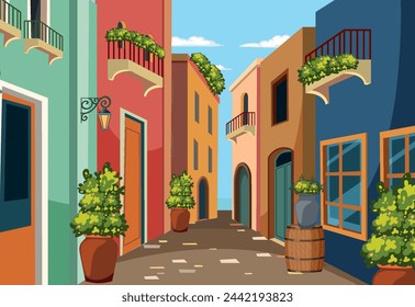 Vibrant vector of a quaint European street scene