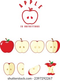 Vibrant Vector Red Apple Illustration Set: Whole, Halved, and Sliced Fruit Variations with Stylish Logo – Fresh and Crisp Apple Graphic for Culinary, Nutrition, and Branding Concepts