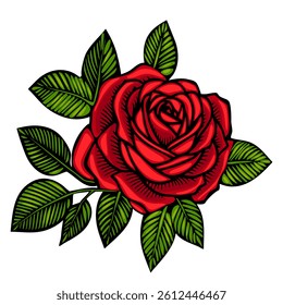 A vibrant vector red rose with intricate petals and lush green leaves, symbolizing love and beauty. The design features bold outlines and a striking color contrast, ideal for floral-themed projects.