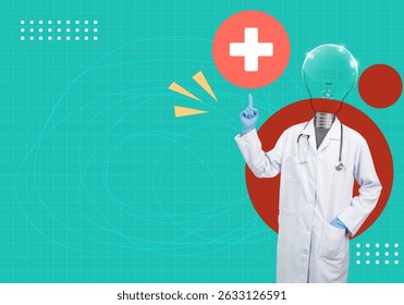 Uma representação vetorial vibrante da inovação na área da saúde com um médico simbolizando ideias e soluções modernas.