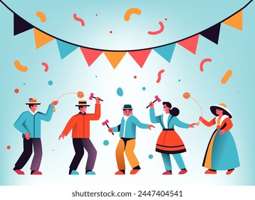 A vibrant vector scene of celebrants in traditional attire, dancing and enjoying a festive atmosphere with confetti.