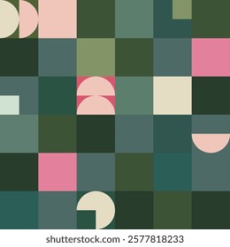 Vibrant Vector Seamless Pattern in Bauhaus Style Featuring Squares, Half Circles and a Contrasting Green and Pink Color Palette