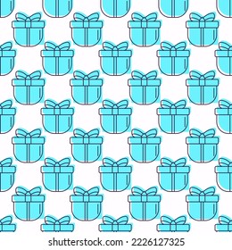 Vibrant vector seamless pattern of blue giftbox on white background. Colorful picture for web sites, wallpapers, postcards. Christmas and New Year concept
