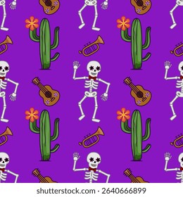 Vibrant Vector Seamless Pattern: Day of the Dead Fiesta with Dancing Skeletons, Cacti, Guitars, and Trumpets on Purple Background