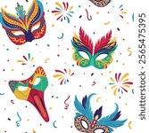 Vibrant vector seamless pattern featuring variety of ornate carnival masks Each masquerade mask is decorated with intricate design, feathers and beads capturing lively spirit of festive celebrations.