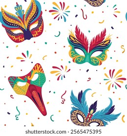 Vibrant vector seamless pattern featuring variety of ornate carnival masks Each masquerade mask is decorated with intricate design, feathers and beads capturing lively spirit of festive celebrations.