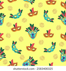 Vibrant vector seamless pattern featuring variety of ornate carnival masks. Madrdi gra decoration and design.