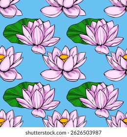 A vibrant vector seamless pattern featuring stylized pink lotus flowers with yellow centers, blooming atop lush green lily pads against a light blue background, creating a serene and elegant design.