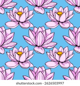 Vibrant vector seamless pattern featuring stylized pink lotus flowers with bold outlines against a light blue background, creating a lively and summery aesthetic.