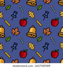 A vibrant vector seamless pattern featuring a playful mix of school supplies, autumn leaves, and apples on a deep blue background, perfect for back-to-school designs.