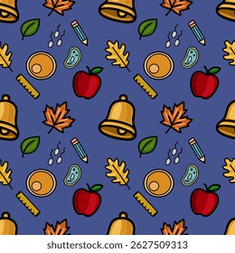 Vibrant vector seamless pattern featuring school supplies, autumn leaves, and scientific elements on a deep blue background, ideal for educational designs.