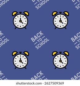 Um padrão vetor sem emenda vibrante com um relógio de alarme alegre e a frase "De volta à escola", perfeito para projetos educacionais e projetos de volta à escola.