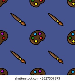 Um padrão vetor sem emenda vibrante com uma disposição divertida de pincéis e paletas com gotas de tinta coloridas, definido contra um fundo azul-ardósia sofisticado.
