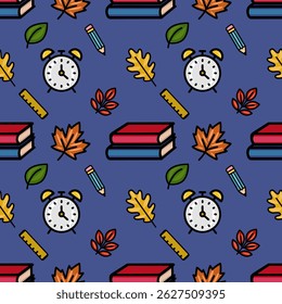 A vibrant vector seamless pattern featuring a playful mix of autumn leaves, school supplies like books, pencils, rulers, and alarm clocks, set against a deep blue background, creating a cheerful