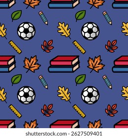 A vibrant vector seamless pattern featuring a playful mix of school supplies, autumn leaves, and a soccer ball, set against a deep blue backdrop, ideal for back-to-school designs.