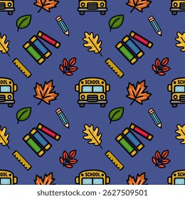 Vibrant vector seamless pattern featuring a playful back-to-school design with yellow school buses, colorful pencils, stacks of books, and autumn leaves on a deep blue background, ideal for children