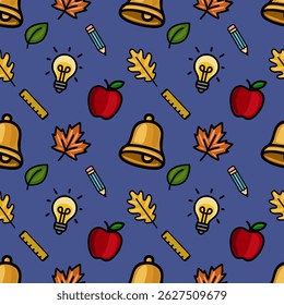 Vibrant vector seamless pattern featuring school supplies, autumn leaves, and apples on a deep blue background, ideal for educational designs and back-to-school projects.