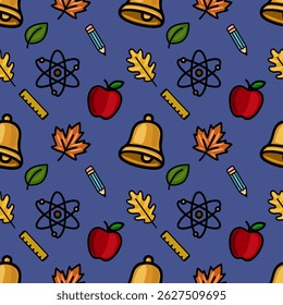 A vibrant vector seamless pattern featuring a playful mix of school supplies, autumn leaves, and science symbols on a deep blue background, perfect for back-to-school designs.