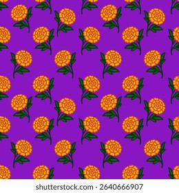 Vibrant vector seamless pattern featuring stylized orange marigolds on a rich purple background, ideal for Day of the Dead or Mexican fiesta designs.