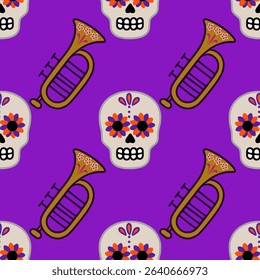 Vibrant vector seamless pattern featuring ornate sugar skulls and golden trumpets, ideal for Day of the Dead celebrations or festive designs.