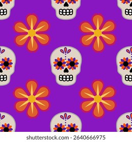 Vibrant vector seamless pattern featuring stylized sugar skulls adorned with orange and purple flowers on a rich purple background, perfect for Day of the Dead celebrations.