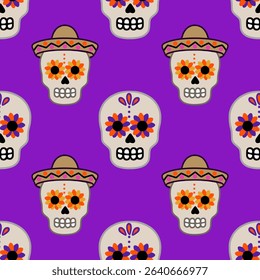Vibrant vector seamless pattern featuring Day of the Dead sugar skulls in sombreros, adorned with orange and purple floral designs on a rich purple background.