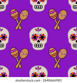 Vibrant vector seamless pattern featuring Day of the Dead sugar skulls adorned with orange and purple flowers, playfully interspersed with maracas on a rich purple background.