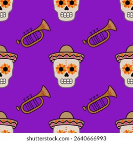 Vibrant Vector Seamless Pattern Featuring Day of the Dead Skulls in Sombreros and Ornate Trumpets on a Purple Background