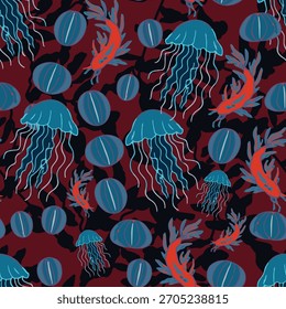 Vibrant vector seamless pattern with glowing blue jellyfish, red comb jellies, and deep burgundy background. Perfect for textile and wallpaper design.