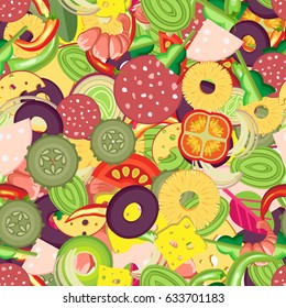 Vibrant vector seamless pattern for pizza toppings. Many pieces of different vegetables, sausages and whole shrimps