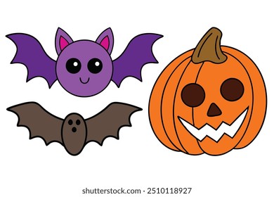 A vibrant vector set celebrating Halloween with cheerful elements: pumpkins, ghosts, bats, and candy. Perfect for adding a festive touch to your designs with a fun and spooky vibe.